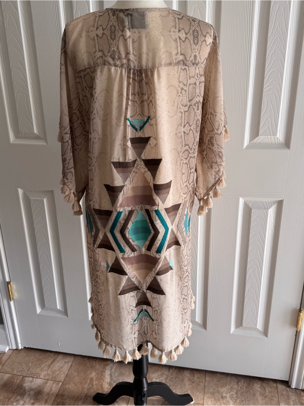 Judith March Beige Long Sleeve Kimono with Teal Geometric Detail